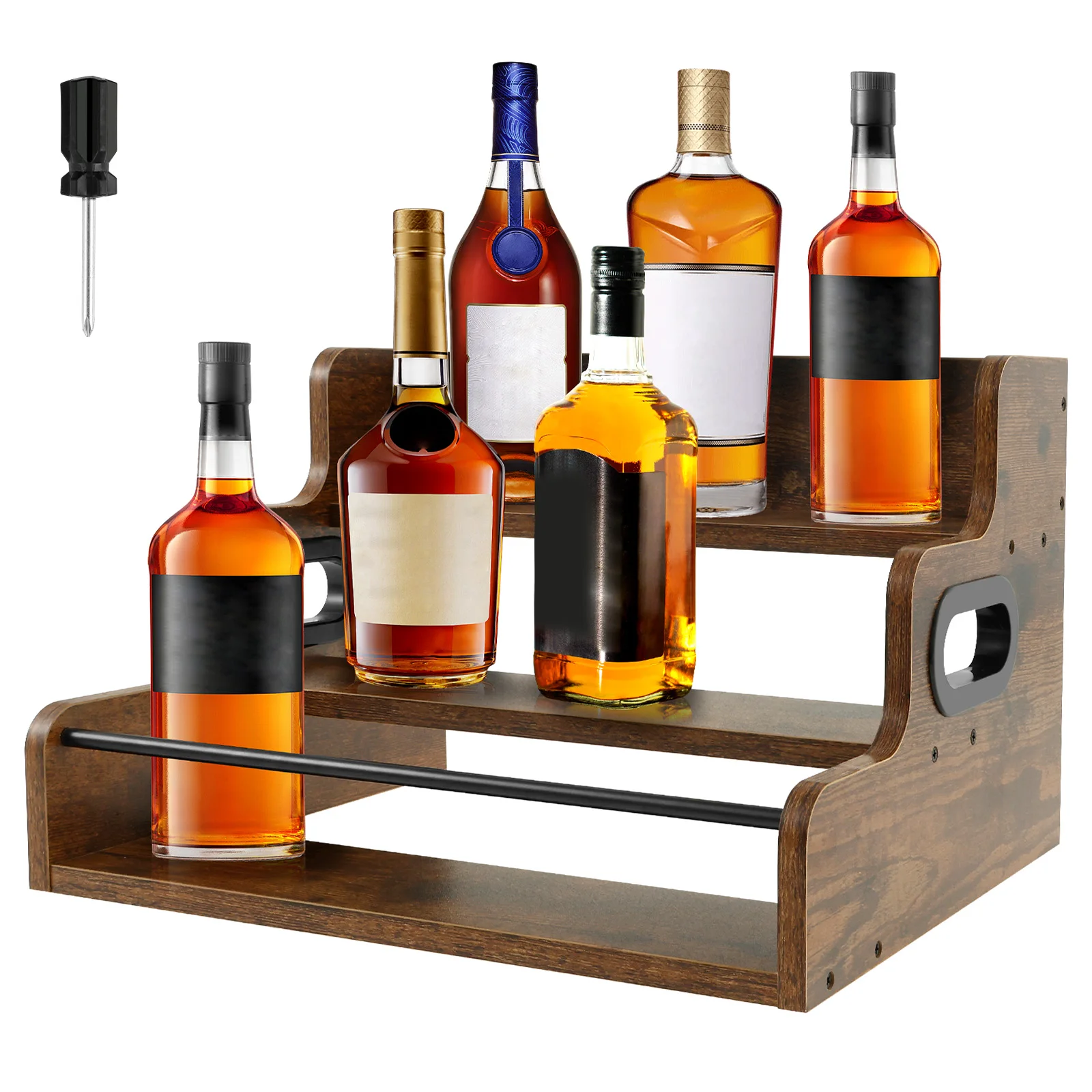 Estante de madera grande para exhibición de botellas de licor, estante para vino y licor con encimera de 3 escalones, soporte para jarabe de café Vintage, organizador de Bar