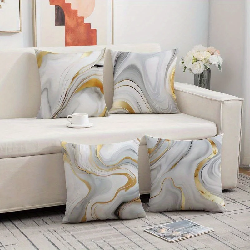 4pcs Set Modern Abstract Golden & White Marble Pattern Short Plush Pillowcases, 17.7