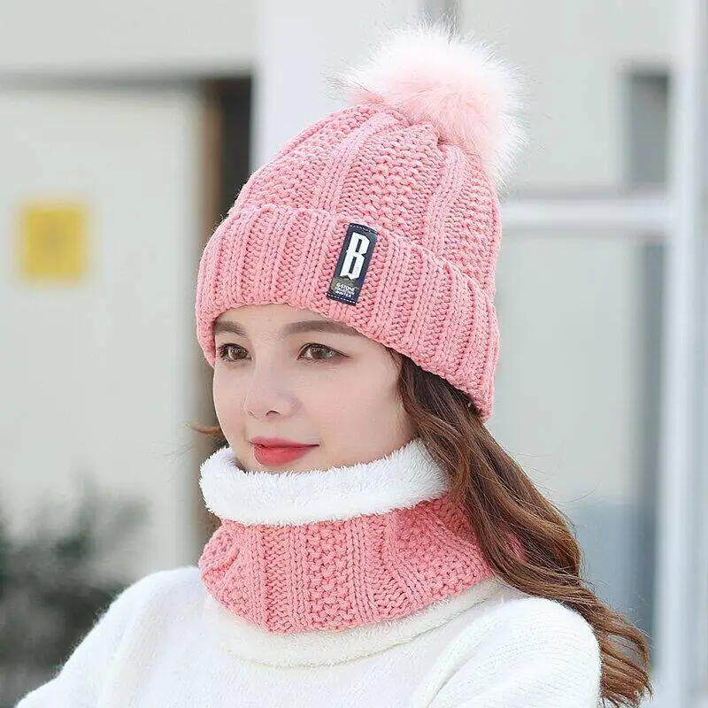 Women Winter Scarf Hat Set Knitted Plush Inside Keep Warm Solid Pompoms Cap Female Beanies And Scarves