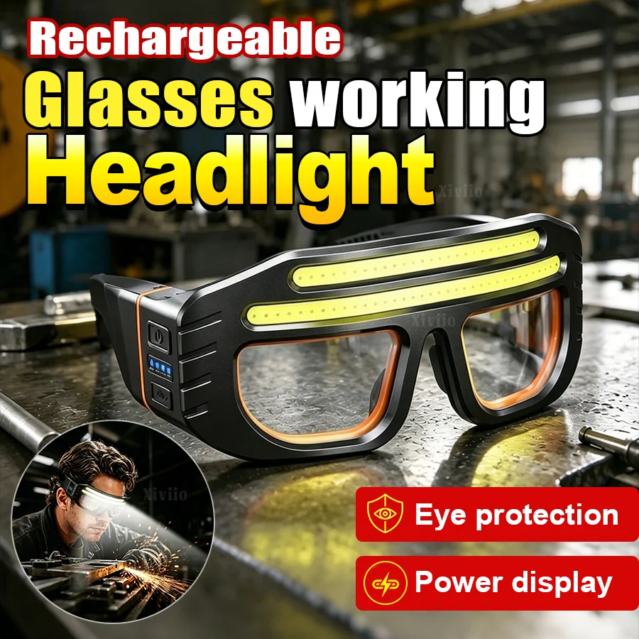 Lampe frontale LED rechargeable 5200000lm, type lunettes, affichage de la puissance, faisceau large, éclairage de zone 500 ㎡   Lampe de travail d'urgence étanche