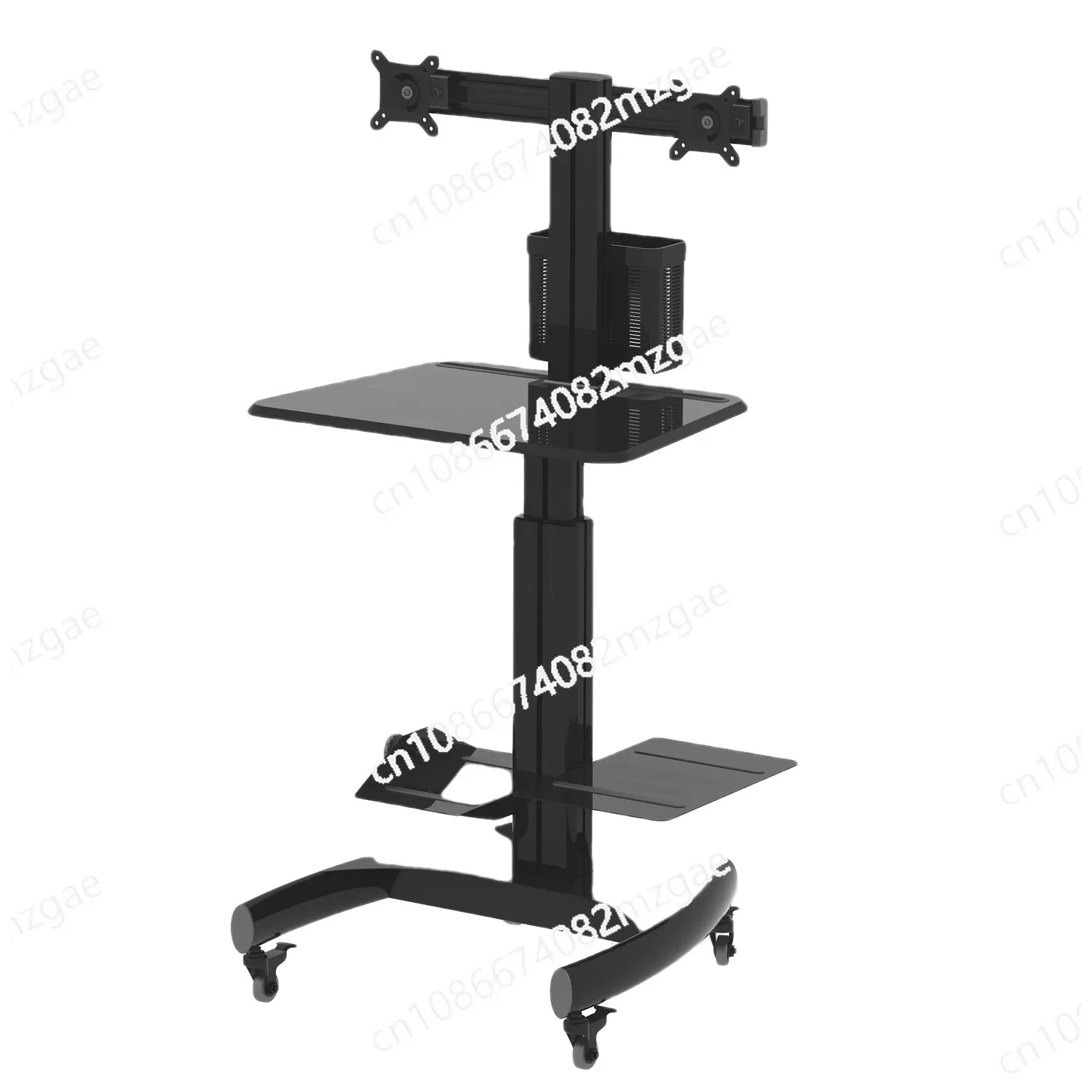 Air lift mobile computer desk, horizontal dual screen height adjustment, power strip insertion, mobile workstation handcart