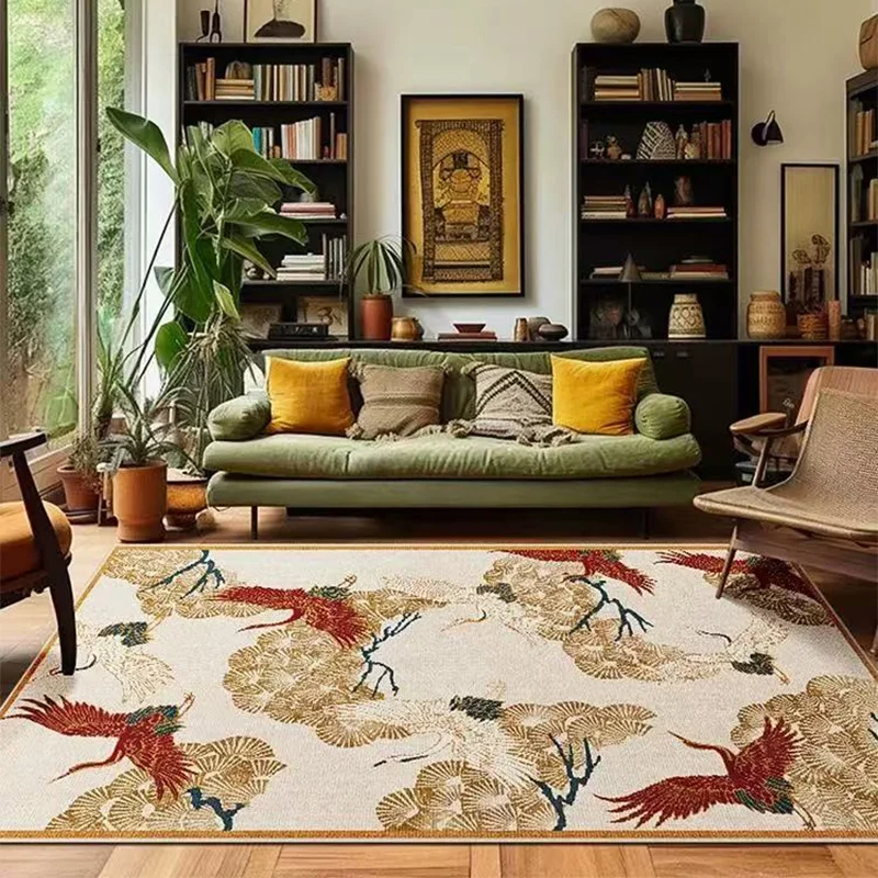 

Living Room Carpet Chinese Luxury Retro Style Red-crowned Crane Carpet Sofa Coffee Table Area Rug Coat Bedroom Bedside Floor Mat