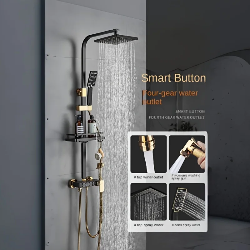 Bathroom Accessories Black And Golden Square Bar With Quad Control Buttons Bathroom Rain Shower With Handheld Shower Head,