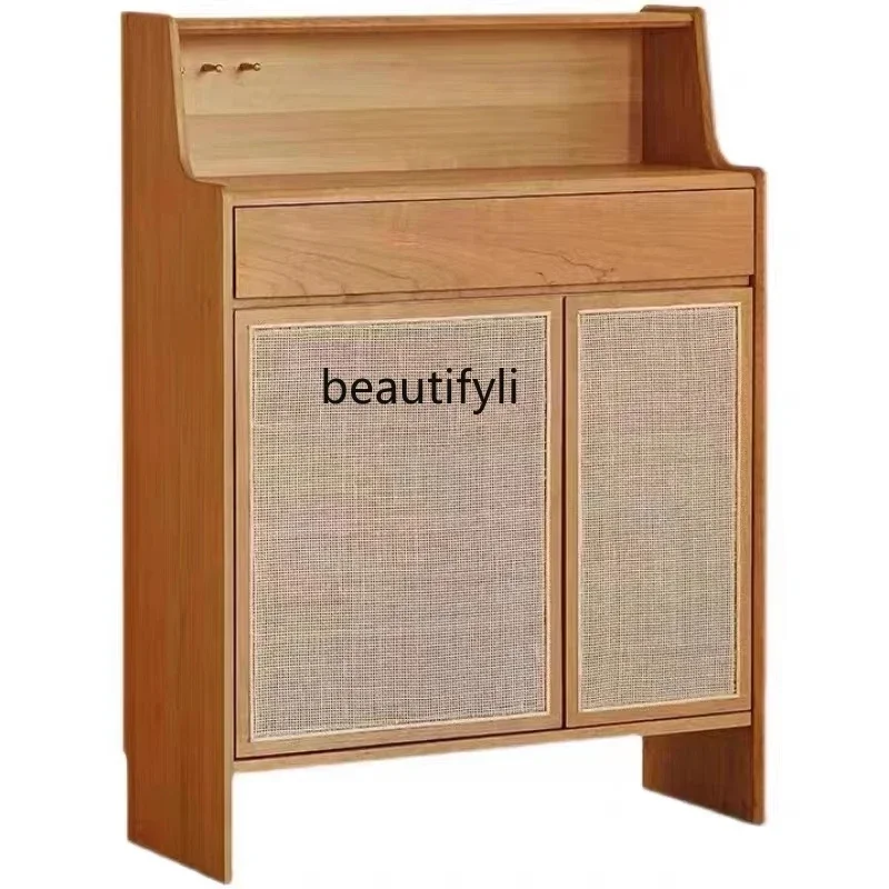 

VJapanese-Style Rattan Shoe Cabinet Home Doorway Solid Wood Entrance Cabinet Storage Cabinet Breathable Storage Shoe Rack