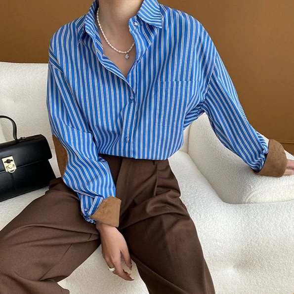 

Blouses Women Shirt Turn Down Collar Full Sleeve Tops Striped Y2k Streetwear Elegant Splice Shirts Casual Loose Autumn 2025