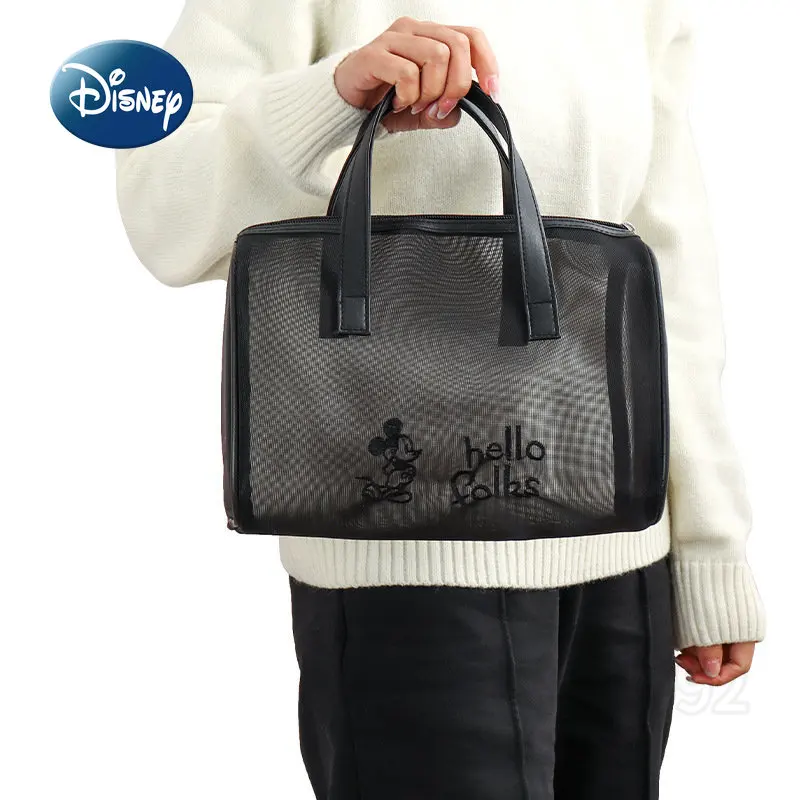 Disney Mickey Original New Makeup Bag Cartoon Mesh Translucent Handheld Makeup Bag Large Capacity Travel Cosmetics Storage Bag