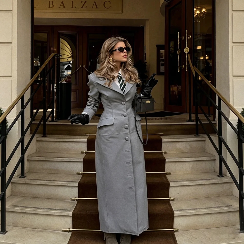 Elegant Women's Grey Single Breasted Long Maxi Suit Slim Fit Coat 1 Piece Formal Evening Party Female Outerwears