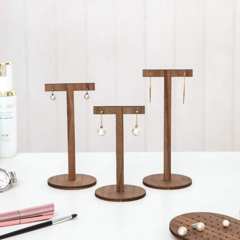 3pcs Vintage Wooden T-Shaped Earring Display Stand, Jewelry Showcase Rack, Stud Earring Storage and Display Prop, Jewelry Towers