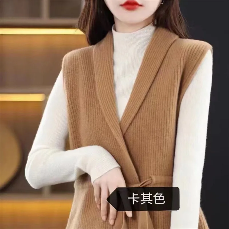 Knitted Waistcoat Women Cardigan Vest Autumn Winter Sweater Vests Sleeveless Casual Fashion Tops Solid V-Neck Lace Up Loose Coat