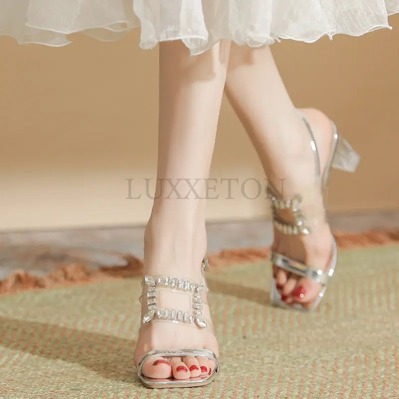 Women 7cm High Heels Mules Slides Block Clear Heels Silvery Transparent Crystal Slippers Summer Platform Fetish Shoes