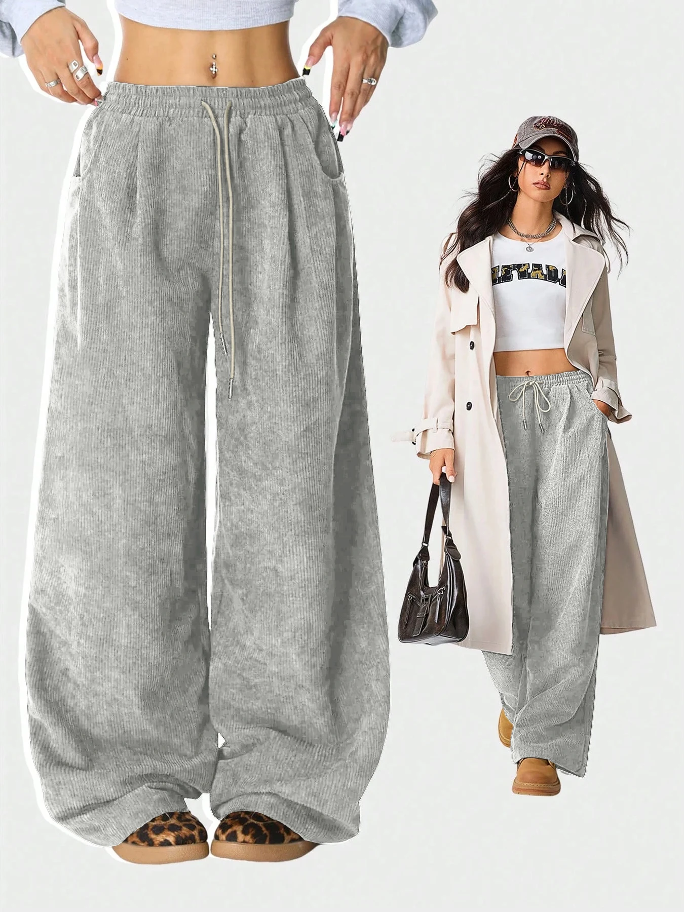 Damen Retro Cord Cargo-Hose Lässige Kordelzug Gerade Sporthose Fließende Alltags-Pendlerhose mit Weitem Bein – Detail 6