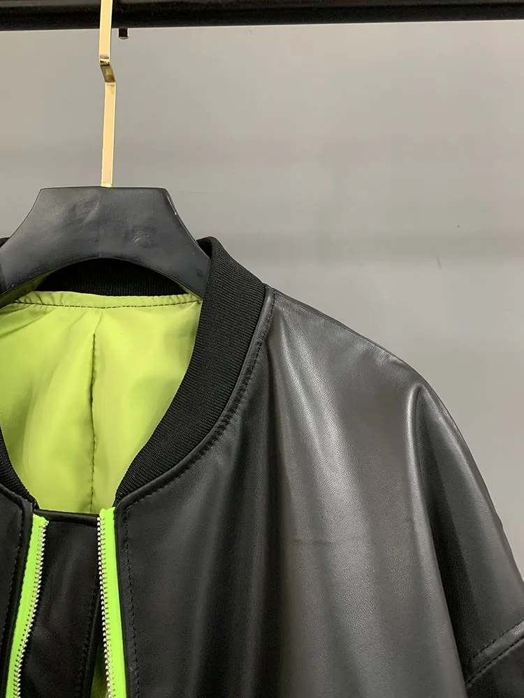 Frauen Lose Zipper Patchwork Farben Getäfelten Weichen Schaffell Stehkragen Jacke Neue Weibliche Casual Echtes Leder Jacke Mäntel