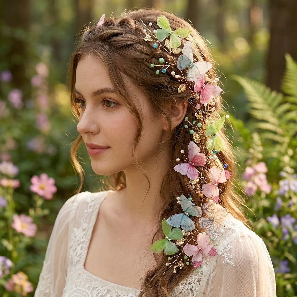 Romantischer Tüll-Schmetterlings-Haarkranz mit Goldweberei und Perlen – Hochzeits-Haaraccessoires für die Braut im Wald-Stil, Foto-Requisiten, Feen-Stirnband