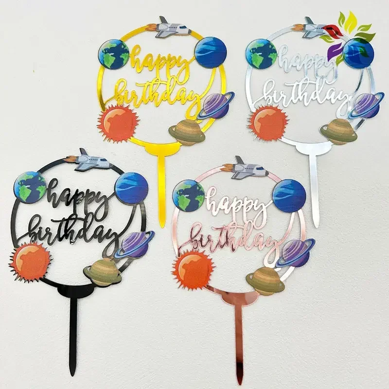 New Space Planet Happy Birthday Cake Topper Gold Silver High-grade Acrylic Kids Party Cake Topper Baby Shower Dessert Decoration