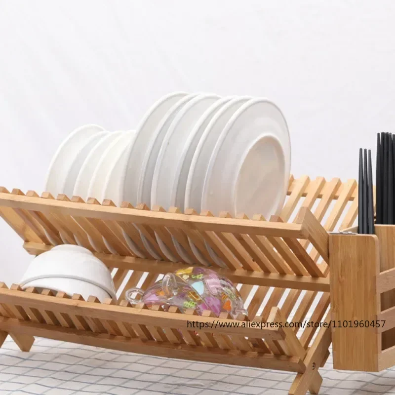 Dish Drainer  Folding Bamboo Serving Utensils Drying Rack Holder Utensil Drainer Plate Storage Holder Plate Wooden