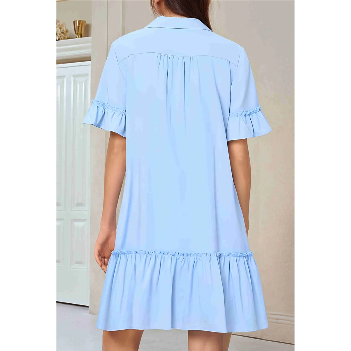 Women'S Summer Button Down Shirt Dress Casual Ruffle Sleeve Shift Mini Dresses with Pockets Light Blue XXL