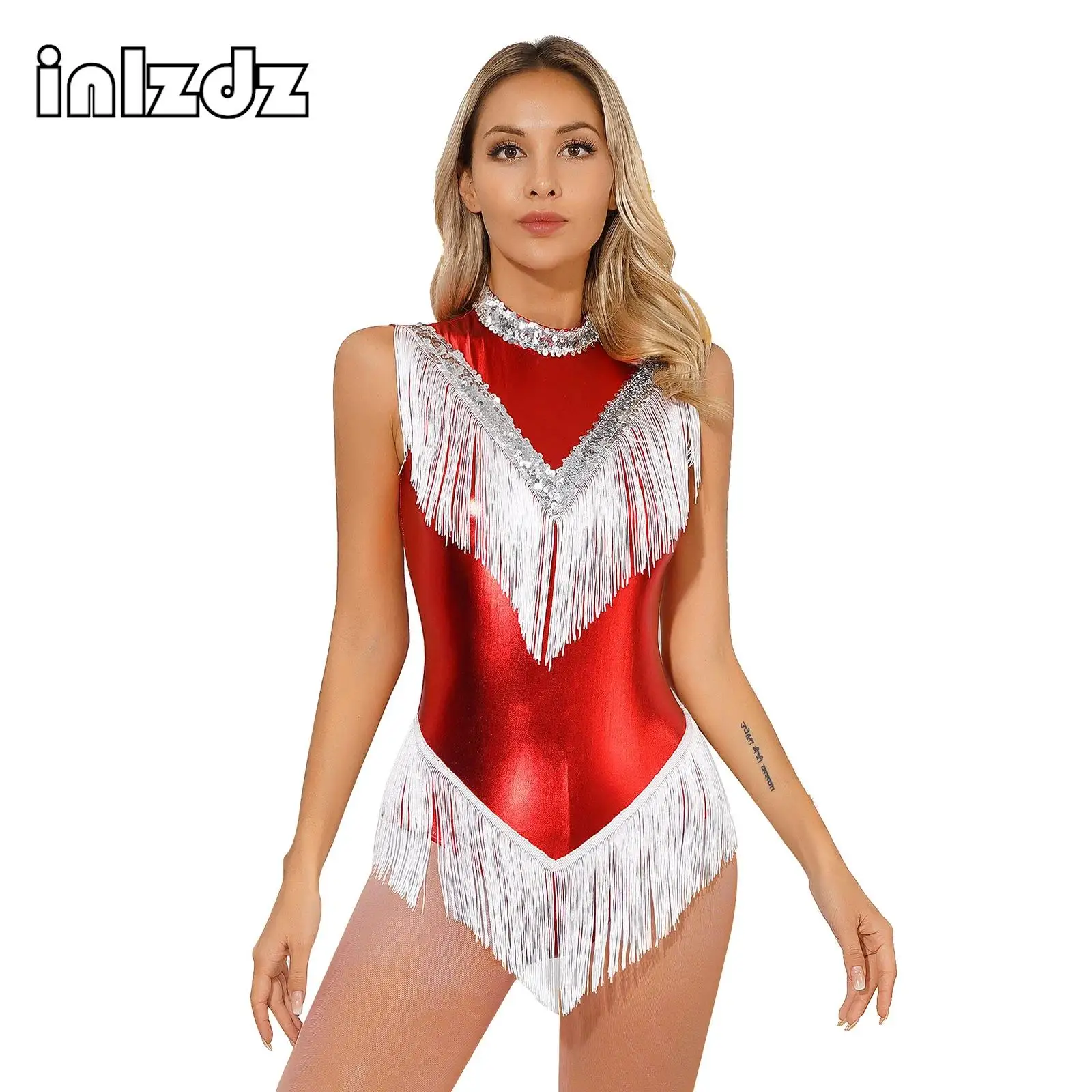 

Women Metallic Latin Tango Salsa Dance Dress Shiny Tassel Leotard Sleeveless Fringe Bodysuit Ballroom Rave Party Costume