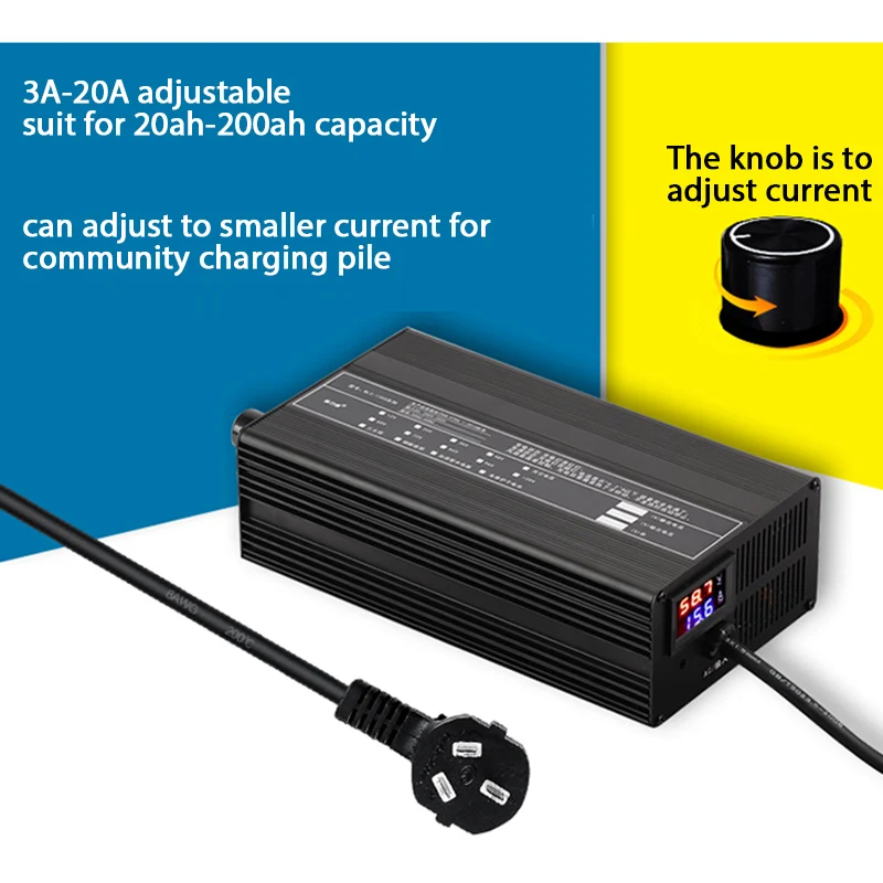 20A 36V 48V 58.4V 72V 60V 67.2V 84V 87.6V ليثيوم أيون يبو Lifepo4 شاحن بطارية ليثيوم Curren ضبط سريع الشحن 10S 16S 20S 24S