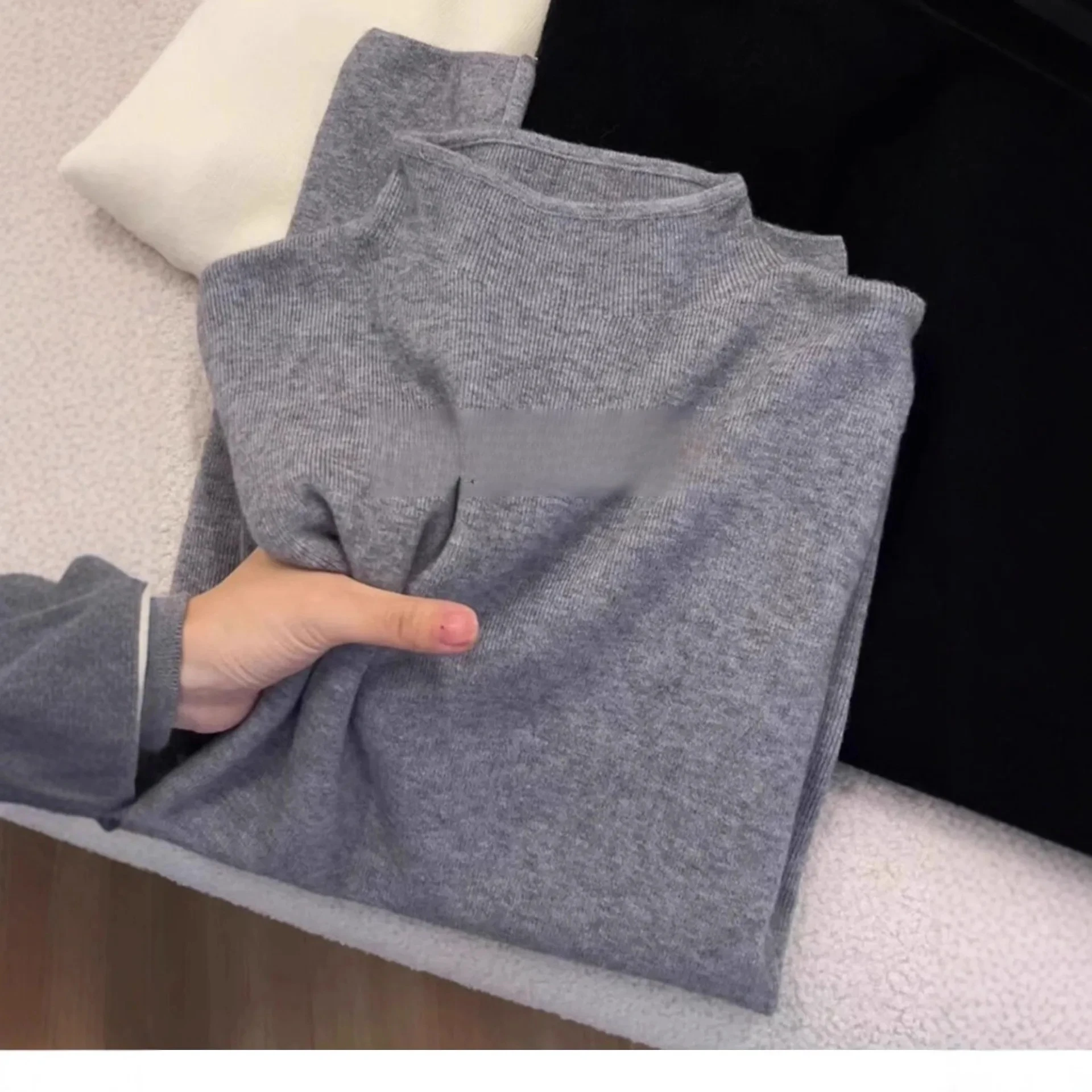 

Wear Slim Fit Knitted Top Polyester Fiber Regular Sleeve Length Gray Base Layer Shirt Women's Style Half-High Collar Inner