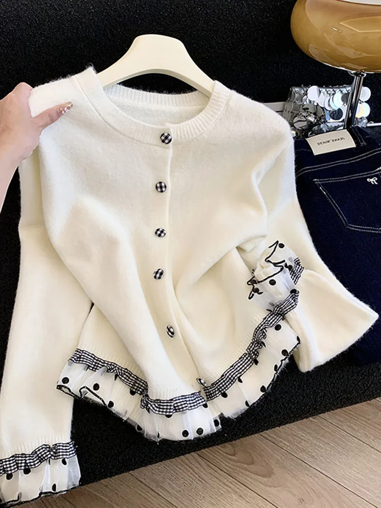 

Korean Sle Lace Splice Polka Dot Knitted Open Cardigan Women's Autumn Winter Spring New Ladies Sweater Faionable Jaet