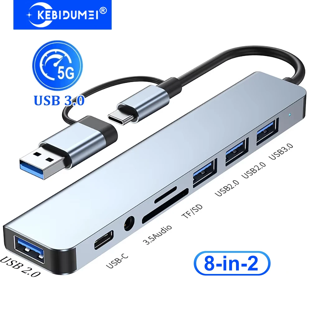 Portable 8-in-2 USB Type-C Docking Station 5Gbps Transmission OTG Function USB 3.0 Hub Adapter Fit All Type-C Laptops