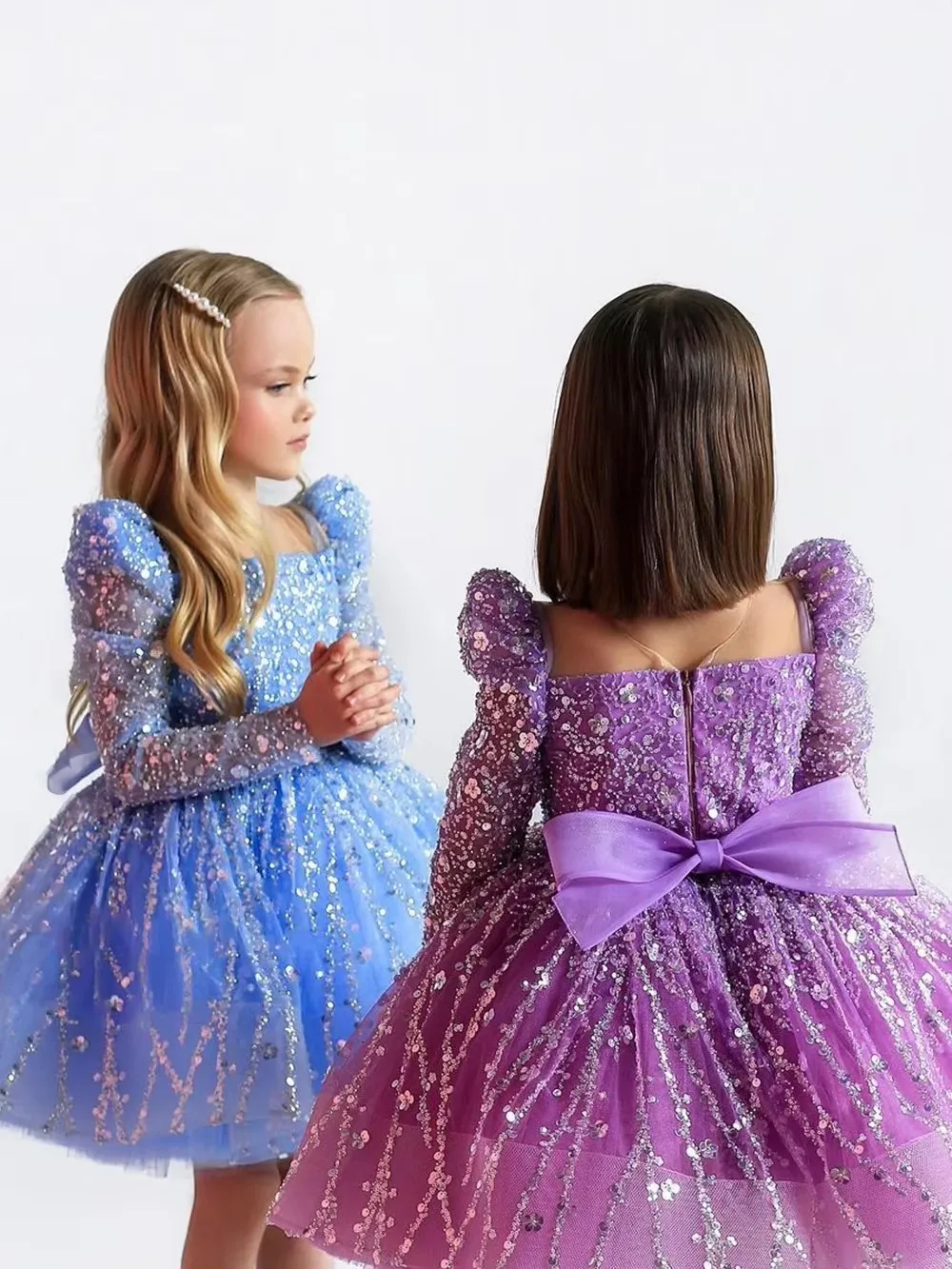 Sleeves Glitter Lush Girl Party Dresses Elegant Fluffy Girl Princess Dress Shiny Pearls luxurious Birthday Wedding Dress Girl