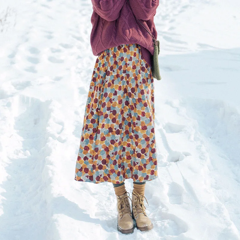 Vintage Vrouwen Rokken Retro Corduroy Midi Rokken Vrouwen Bloemenprint Hoge Taille Een Lijn Rokken Vrouwen Faldas Vrouwen Kleding Nieuw