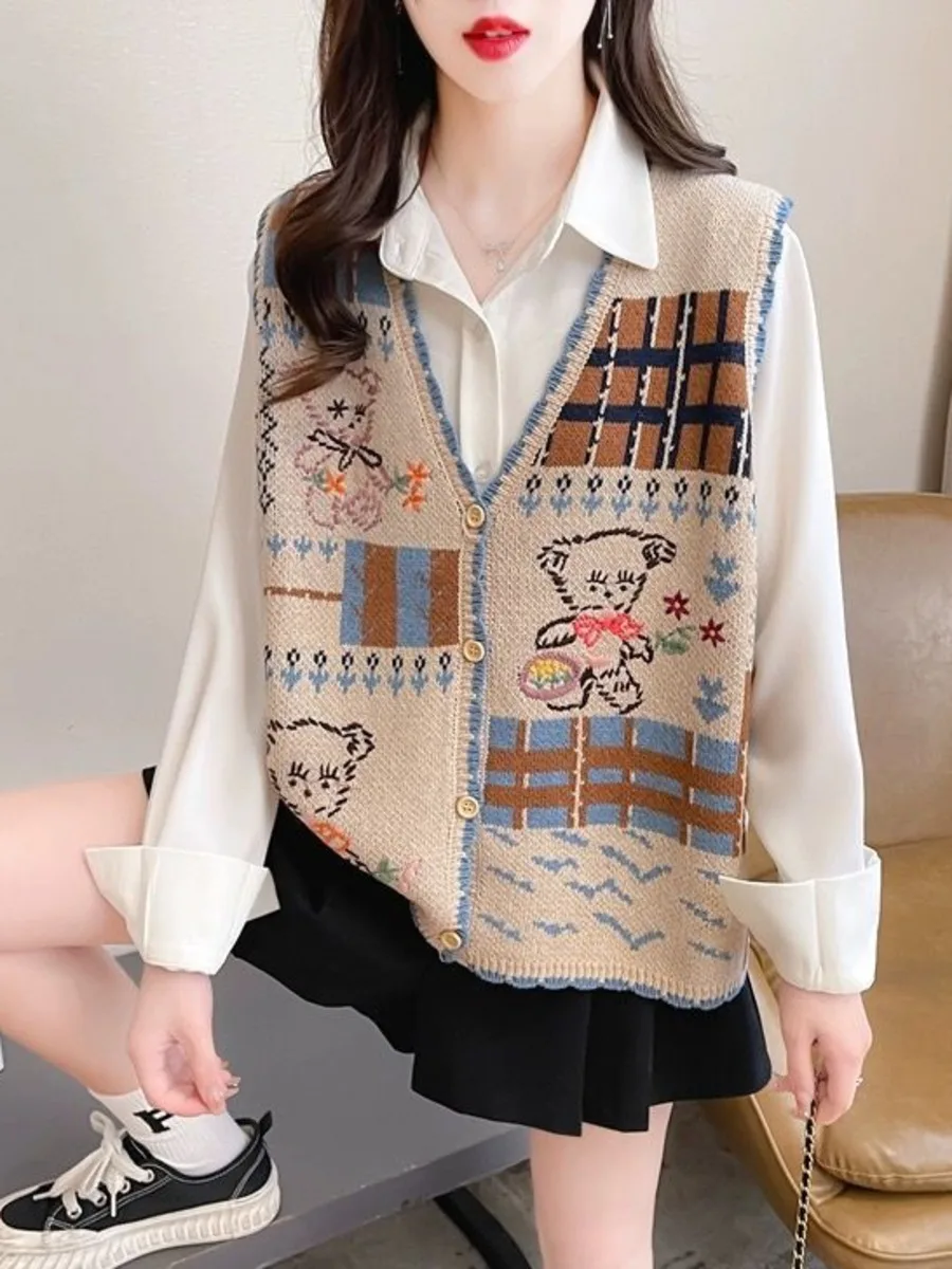 女性のヴィンテージ漫画Vネックニットカーディガンベスト、ノースリーブセーター、カジュアルジャケット、キャミソール、ニットウェア、春と秋