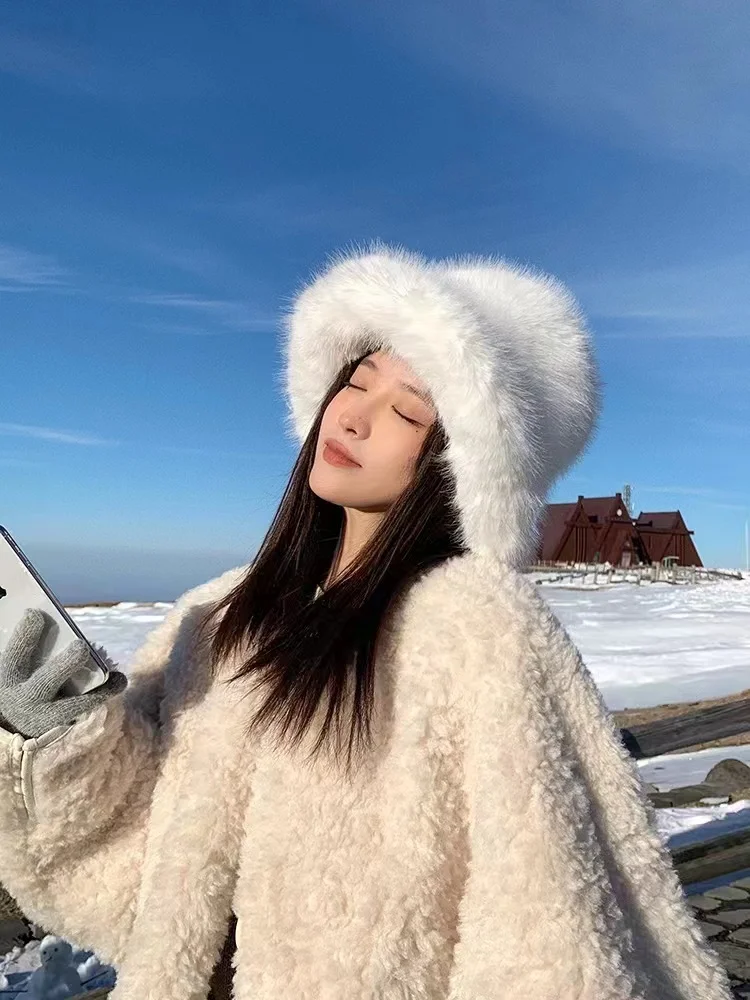 2025 Y2k Frauen Kaninchen Fell Warme Dicke Plüsch Winter Hut Flauschigen Faux Pelz Eimer Hut Dame Luxus Mode Party Panama fischer Kappe – Detail 13