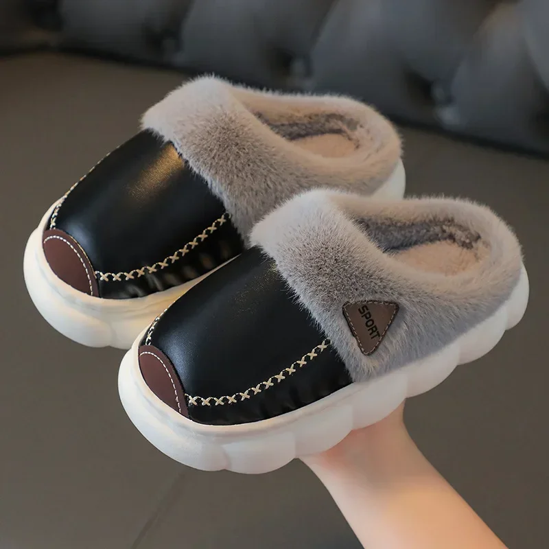 Children's Slippers Princess Shoes Warm Kids Winter Waterproof Indoor Leather Slippers Little Girls Boys Soft Bottom Baby Shoes