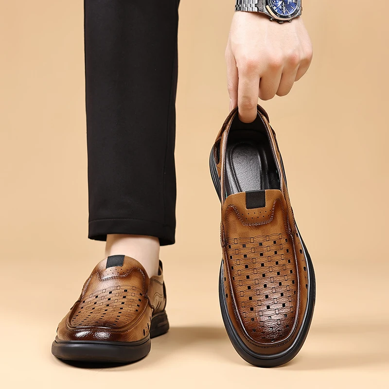 

Summer Brand Men's Comfortable Soft Soled Casual Leather Shoes Popular Men's Breathable and Versatile Hollow Out Casual Shoes