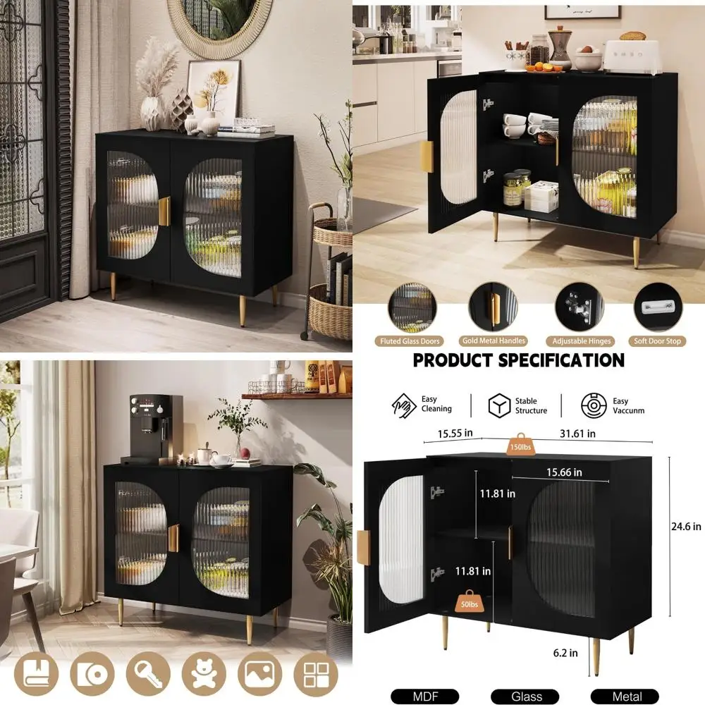 Modern Semicircle Accent Cabinet with Two Glass Doors and Storage Buffet