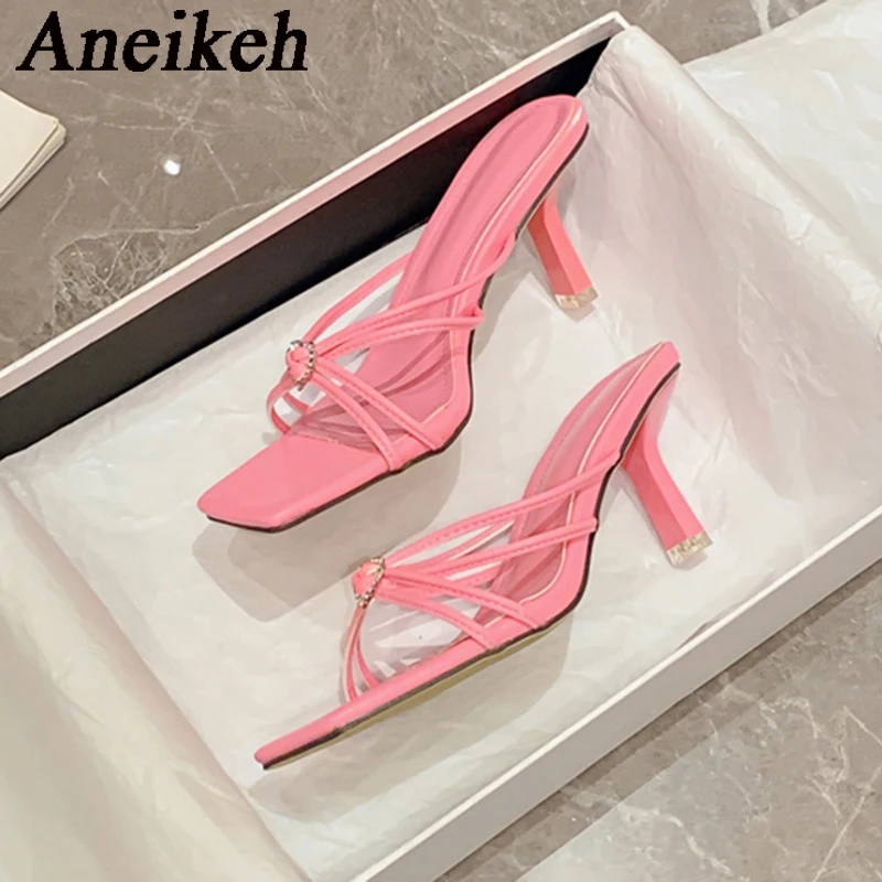 Aneikeh2024 Fashion Elegant Crystal Buckle Decoration Slim High HeelsWomen Summer Square Head PU Narrow Band Sandals Party Dress