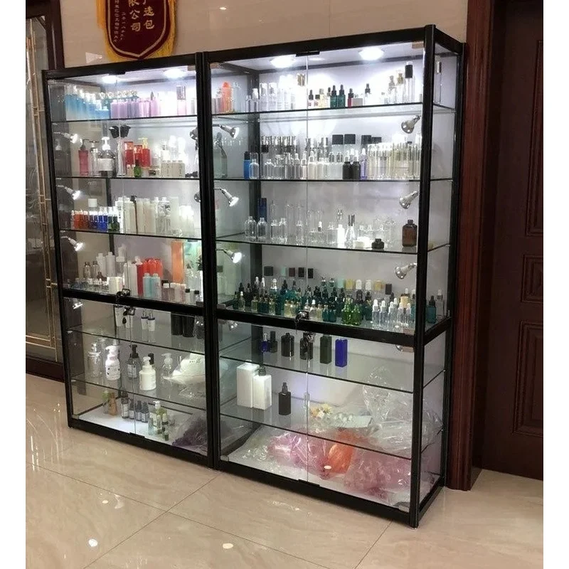 custom.Lockable 5 Shelves  Retail Shop Display Perfume Shop Display Cabinet LED Light Glass Showcase