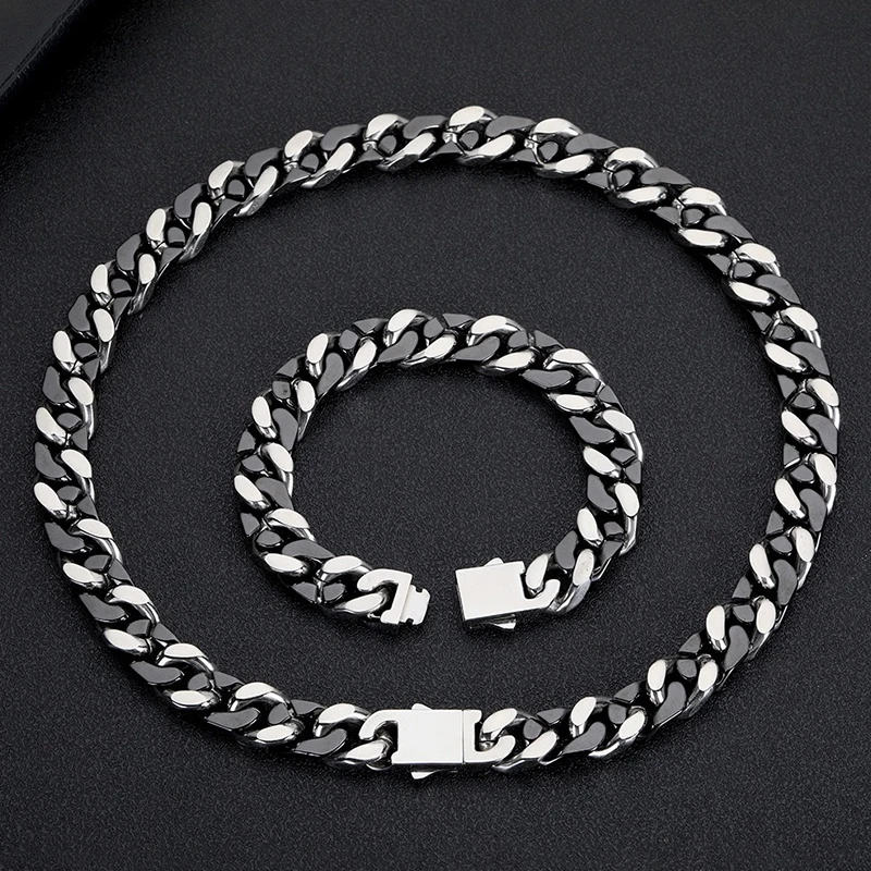 

12mm Width Ceramic Cuban Chain Necklace Stainless Steel Miami Chain Black Zircon Ceramic Men HipHop Jewelry Women Punk Necklaces