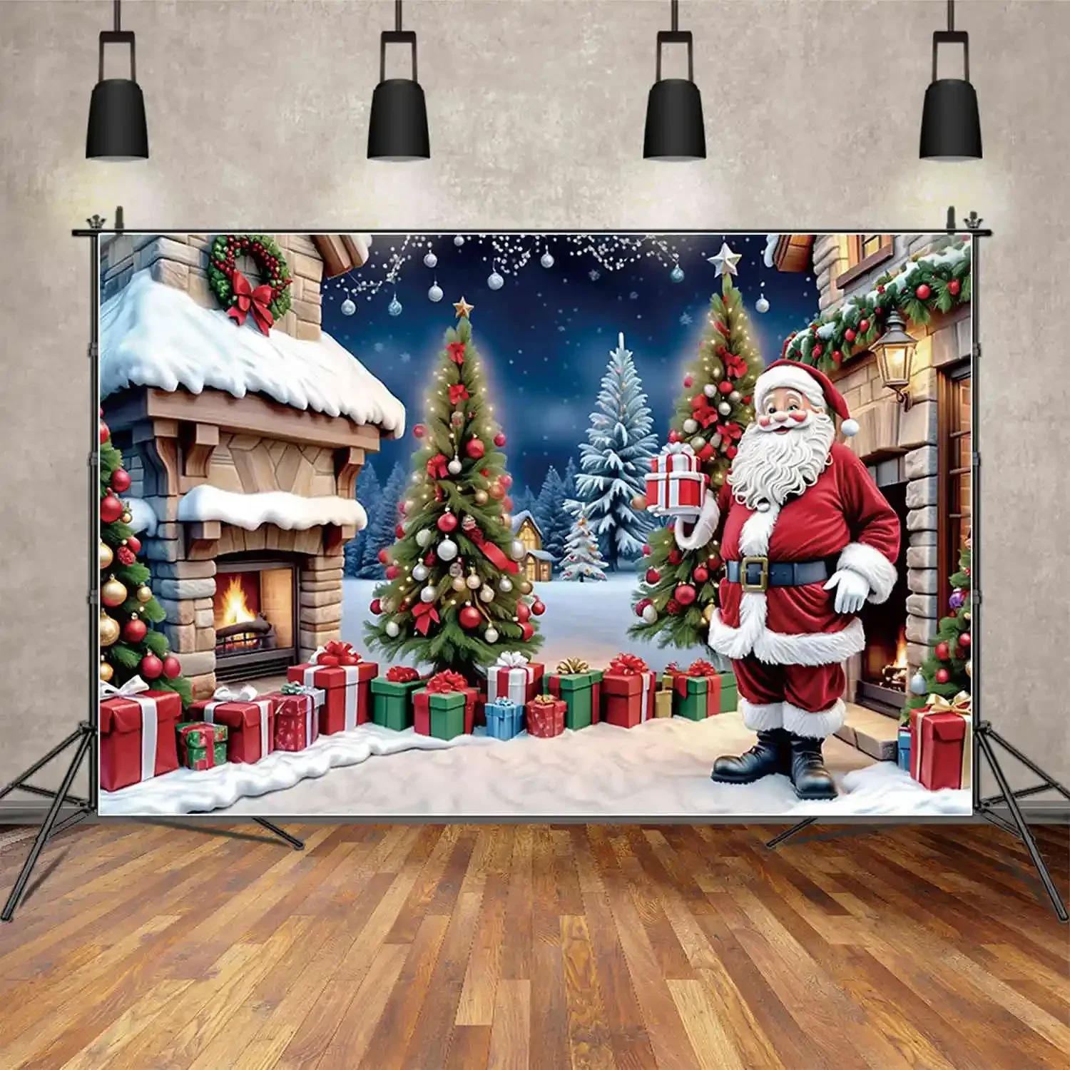 MOON.QG Christmas Santa Claus Gifts Backdrop Village Ball Trees Photo Studio Background Home Decoration Photography Back Drop