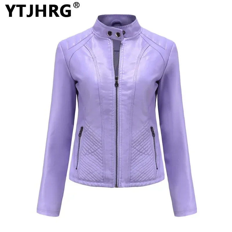 YTJHRG Women\'s Jackets Motor Biker Coat Fashion Female Clothing Long Sleeve Spring Autumn Winter Stand Collar PU Leather Outwear