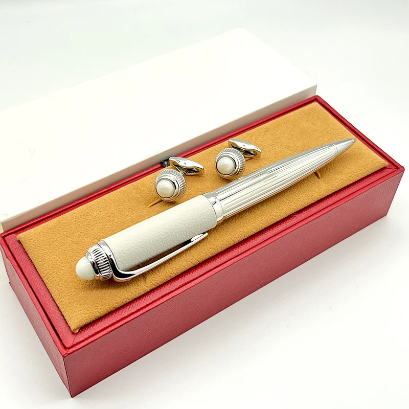 

Lanlan CT White Black Leather Barrel Ballpoint Pen Cufflinks Classic Sports Writing Smooth