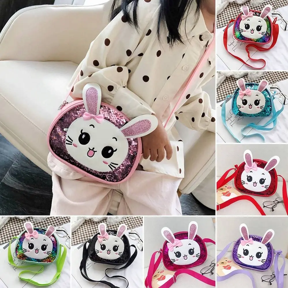 New Cartoon Cute Sequins Bunny Pu Leather Shoulder Bag Sweet Little Princess Shoulder Coin Purse Crossbody Bag