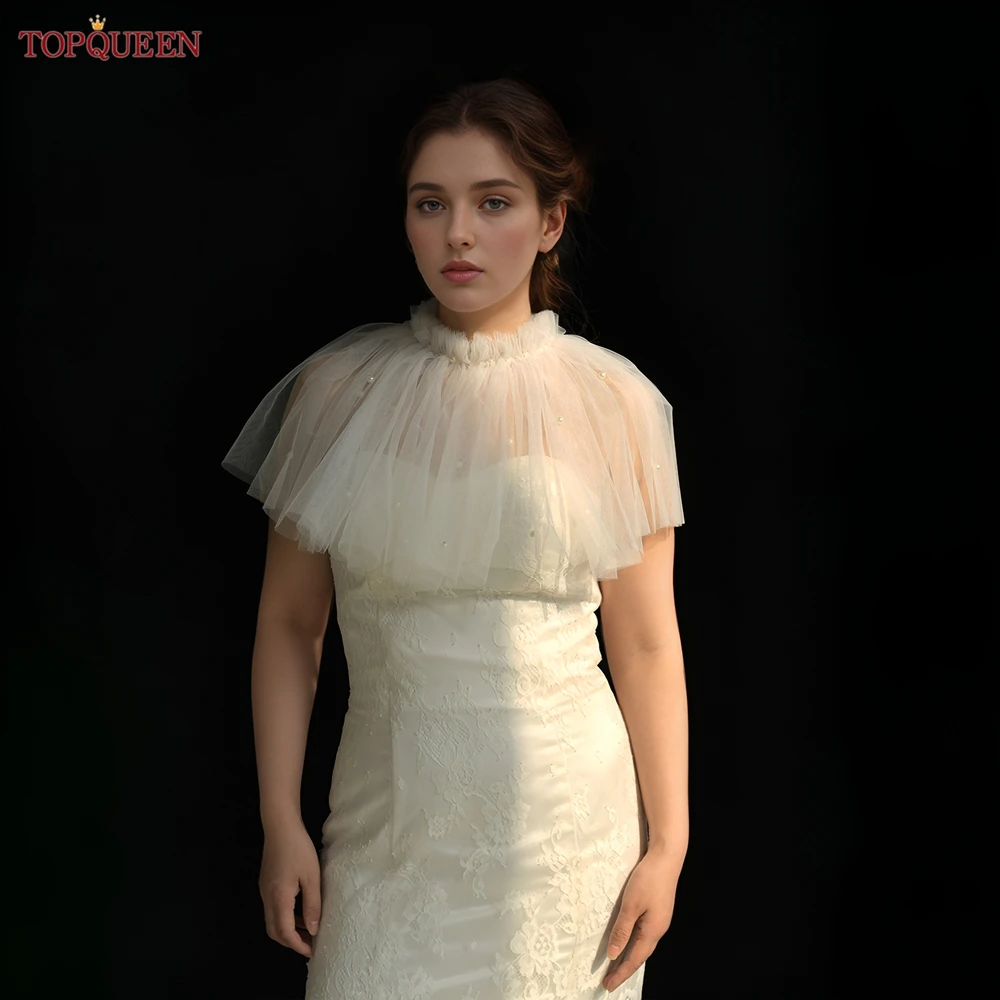 TOPQUEEN VG112A Sweet Wedding Shawls Bridal Wraps With Pearl Beaded Openwork Jacket Summer Bolero for Women Transparent Cape