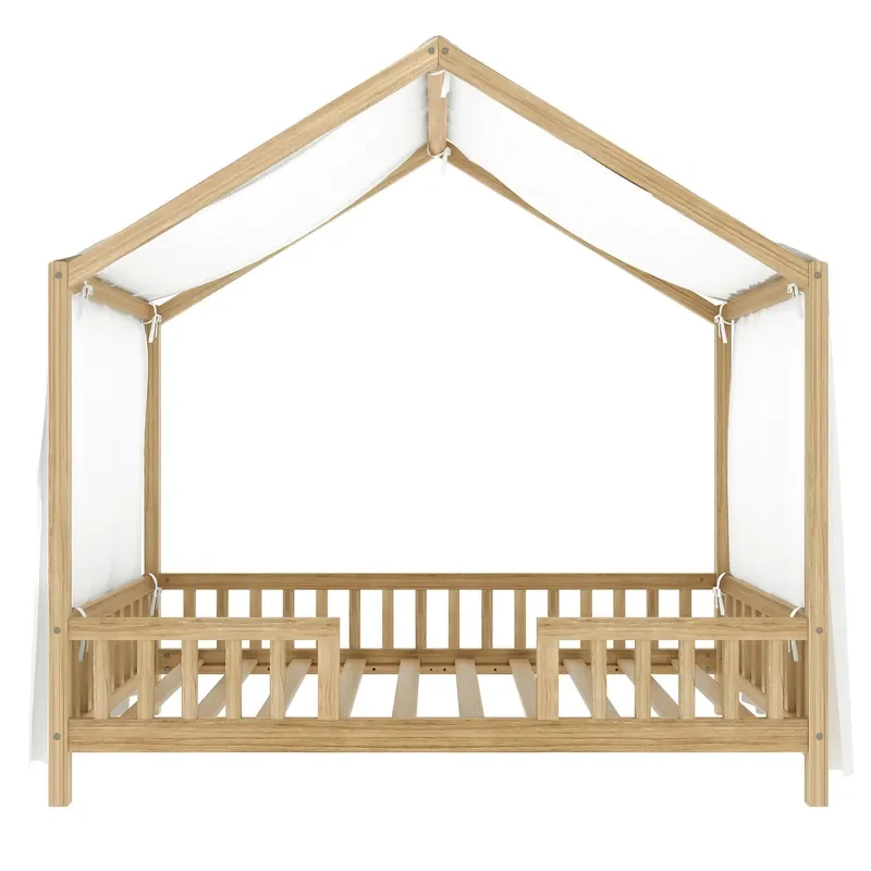 Solid Wood Kids Tent Floor Bed with Full Guardrail Customizable Childrens Sleeping Furniture for Bedroom Nursery