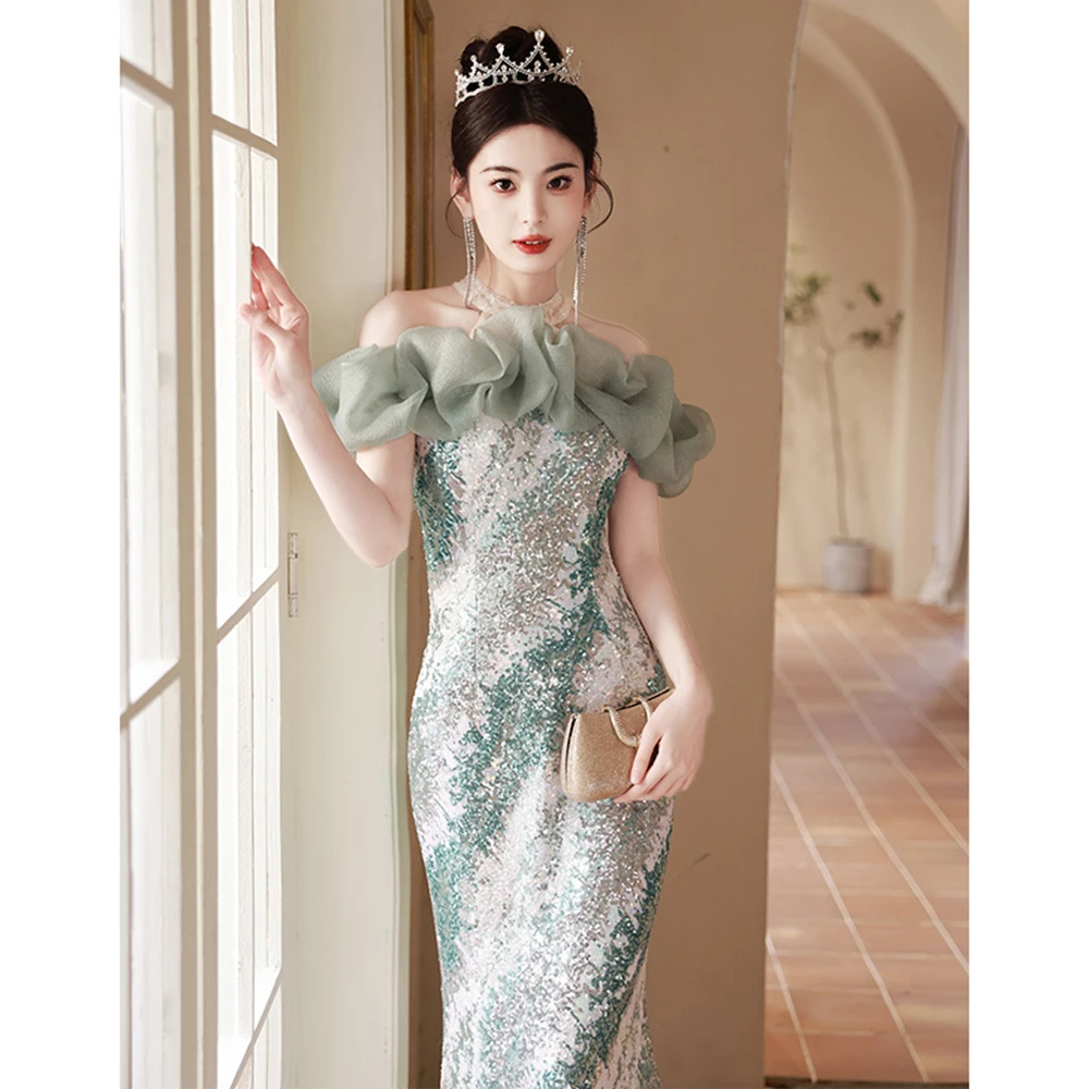 Luz francesa luxo brilhante lantejoulas vestidos elegante luz verde gradiente fishtail socialite vestido de baile fora do ombro longo