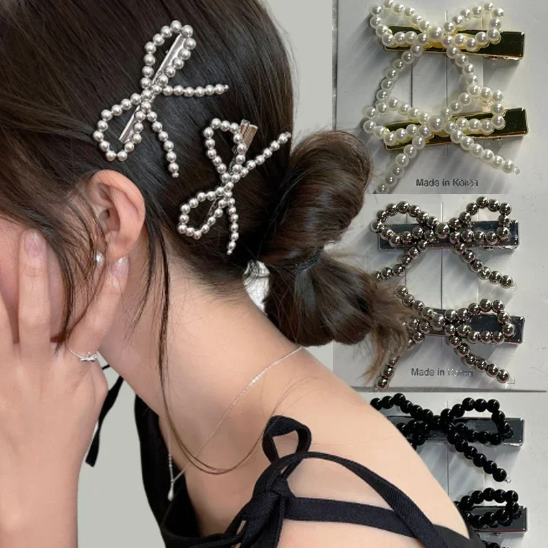 Korean Fashion Women Pearl Hair Clips Pins Cute Girls Pearl Hairclip Bows Hairpin Metal Hair Clips Y2k Girl Hair Accessories