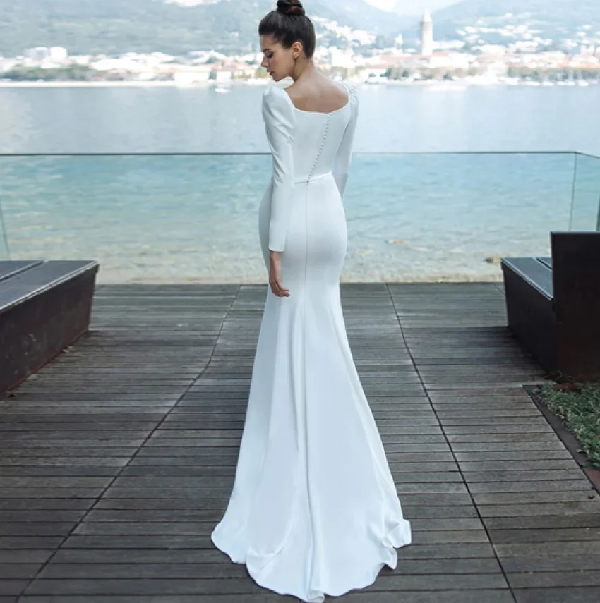 Othray Mermaid Spandex Simple Bridal Gown Elegant Square Collar Long Sleeves Mermaid Wedding Dresses With Buttons Back