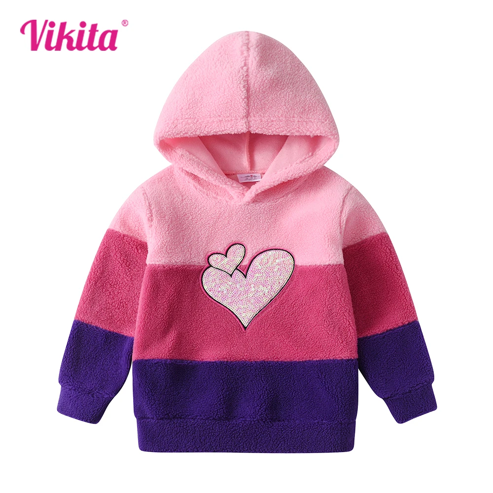 VIKITA Girls Hoodies for Autumn Spring Kids Fleece Hooded Sweatshirt Girls Heart Design Striped Thick Hoodies Children Clothing