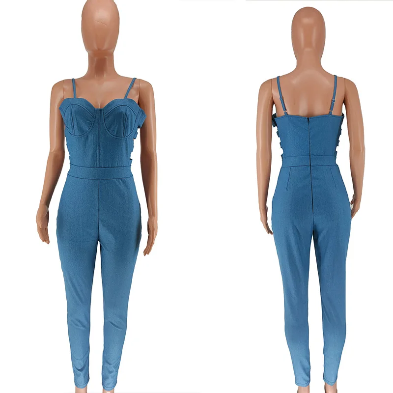 Solid Cut Out Denim Jumpsuit Women Sleeveless Spaghetti Strap Patchwork Rompers Pencil Pants One Piece Club Outfits Catsuit 2022