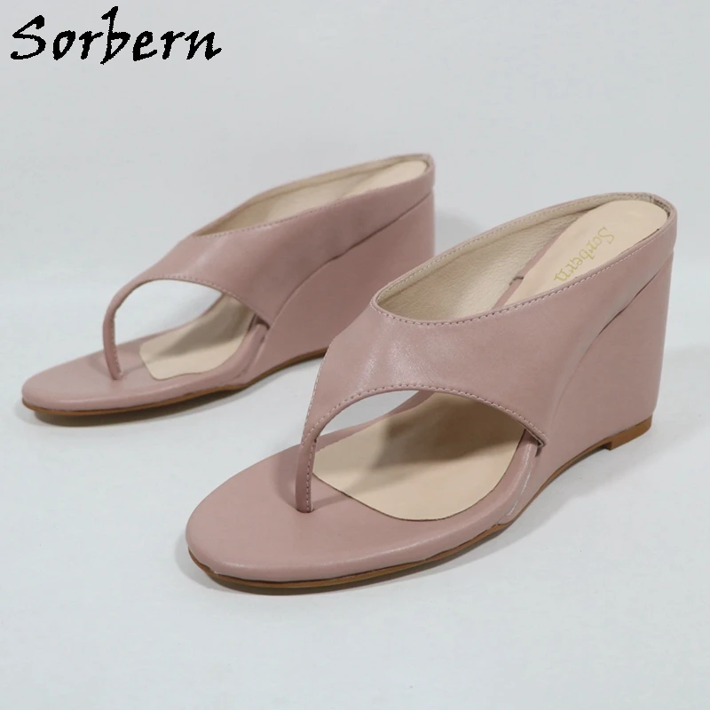 Sorbern Blush Pink Women Slippers Flip Flop 10Cm Wedge High Heel Summer Shoes Large Size 32Cm Feet Length