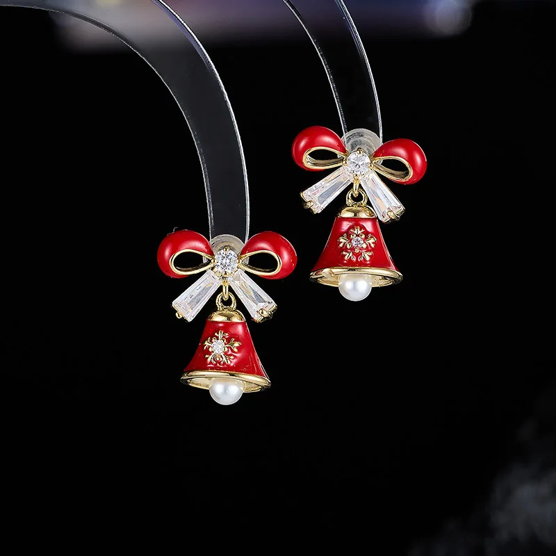 

New Red Series Bow Bell Christmas Tree S925 Silver Needle Light Luxury Style Atmosphere Earrings