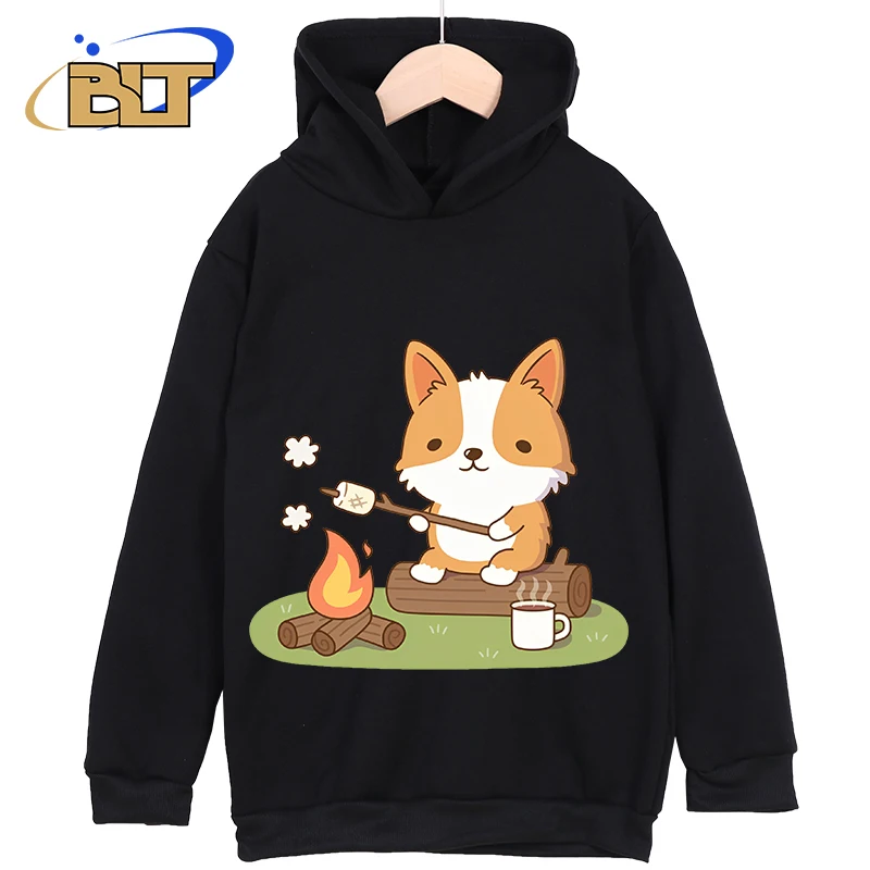 Corgi Toasting Marshmallow At Campfire Printed Kidswear Classic Sportswear New Hoodies for Boys and Girls