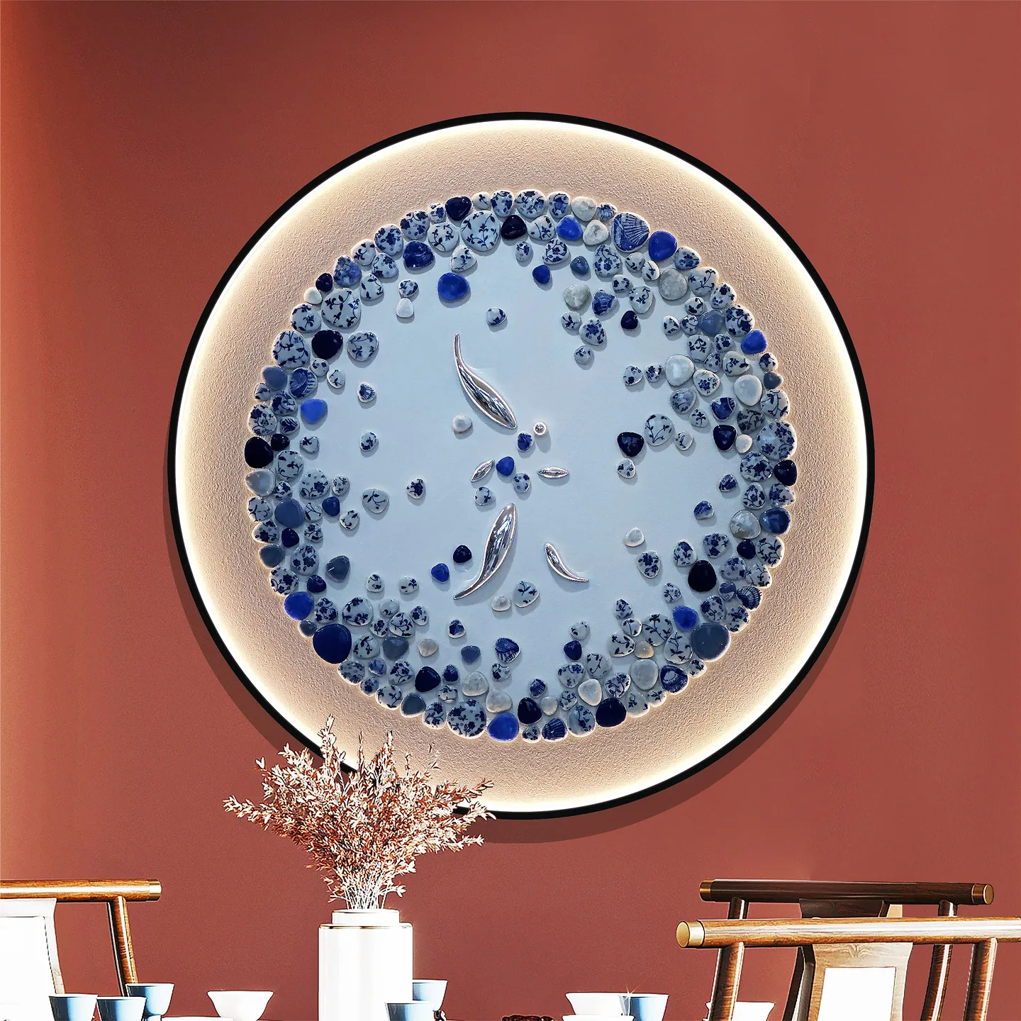 Blue and white porcelain entrance living room decorative painting with sensor light 3D three-dimensional relief corridor aisle r